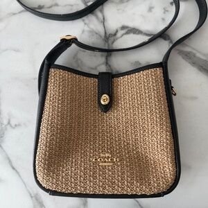 Coach Mini Hadley Straw Crossbody Bag – Black Leather Trim